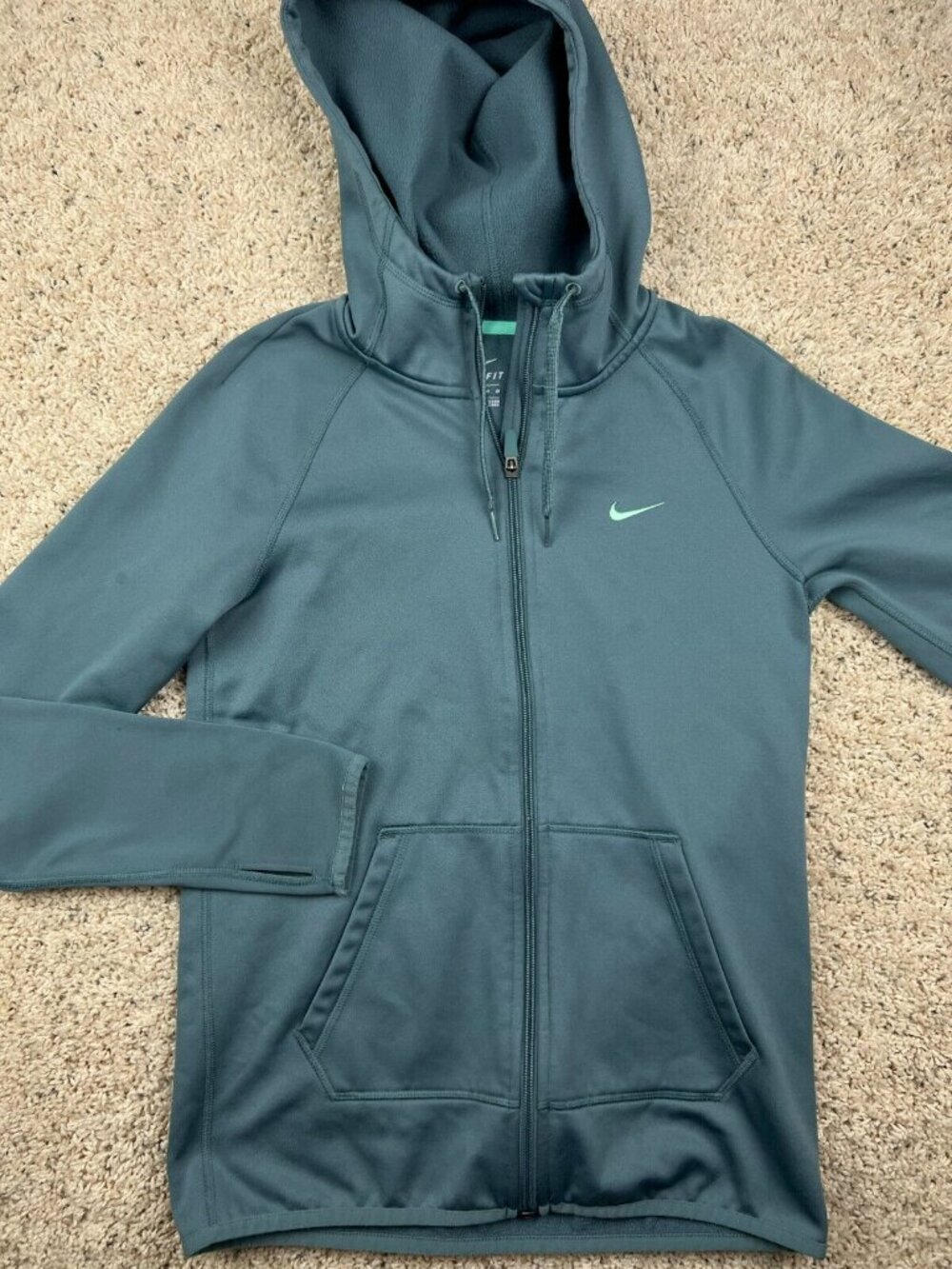 Nike Women's XS Full Zip Fleece Lined Green Blue Gray Hooded Jacket W Pockets
